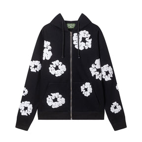 Black White Floral Puff Print Zip Hoodie