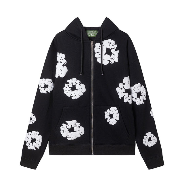 Black White Floral Puff Print Zip Hoodie