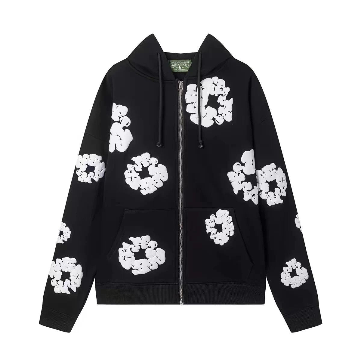 Black White Floral Puff Print Zip Hoodie