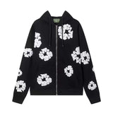 Black White Floral Puff Print Zip Hoodie