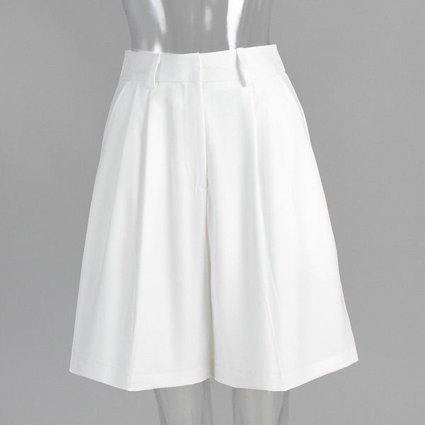 White Pleated Wide Leg Tailored Shorts