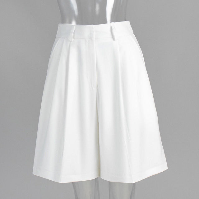 White Pleated Wide Leg Tailored Shorts