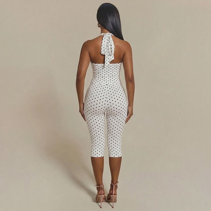 White Polka Dot Halter Top and Capri Pants 2-Piece Set