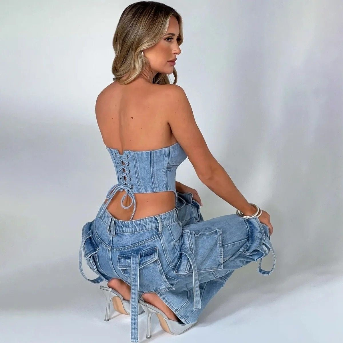 Blue Low Rise Cargo Pocket Jeans