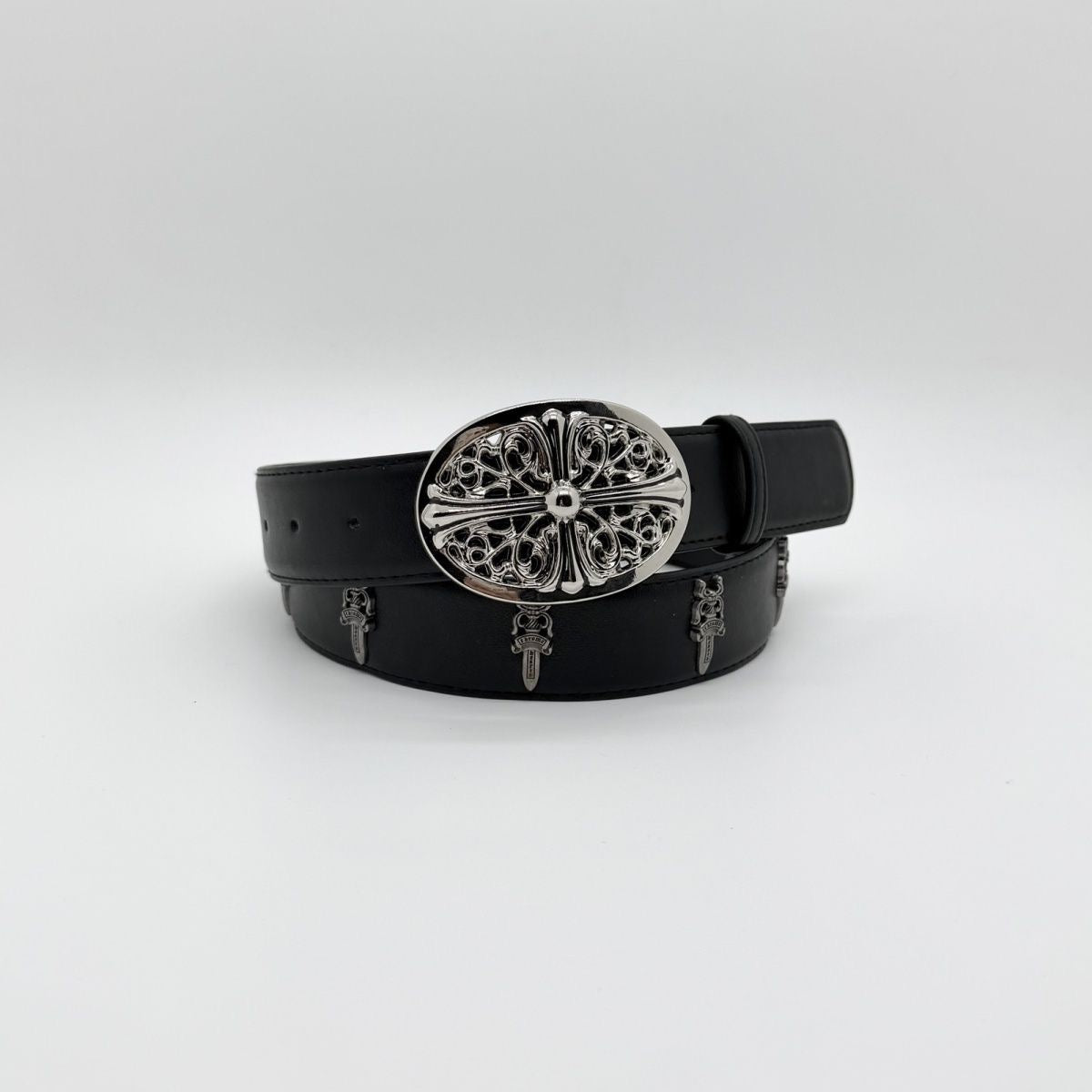 Black Oval Cross Buckle Studded Belt