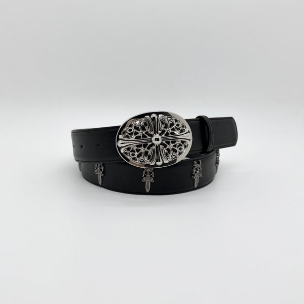 Black Oval Cross Buckle Studded Belt