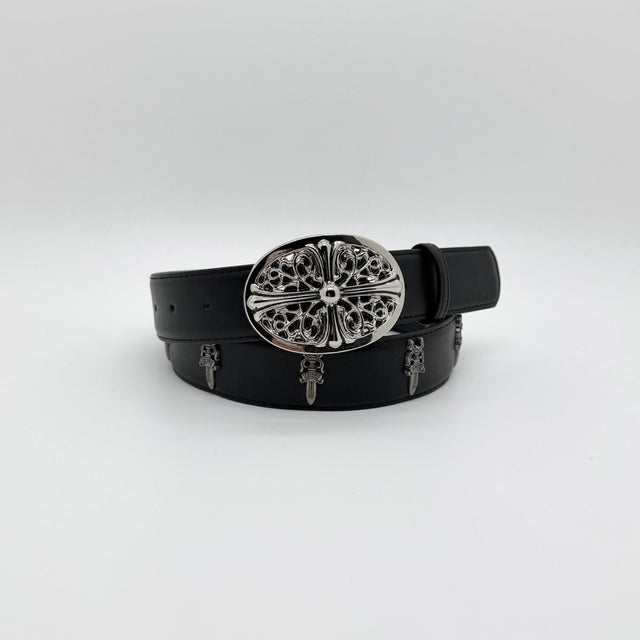 Black Oval Cross Buckle Studded Belt