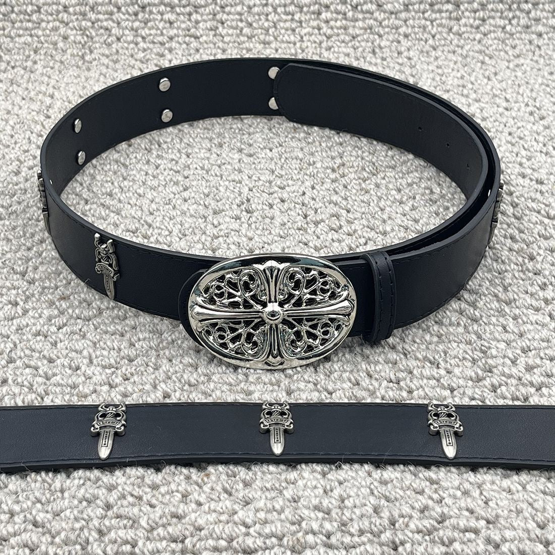 Black Oval Cross Buckle Studded Belt