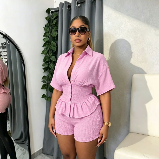 Pink Collared Shirt and Shorts 2-Piece Set
