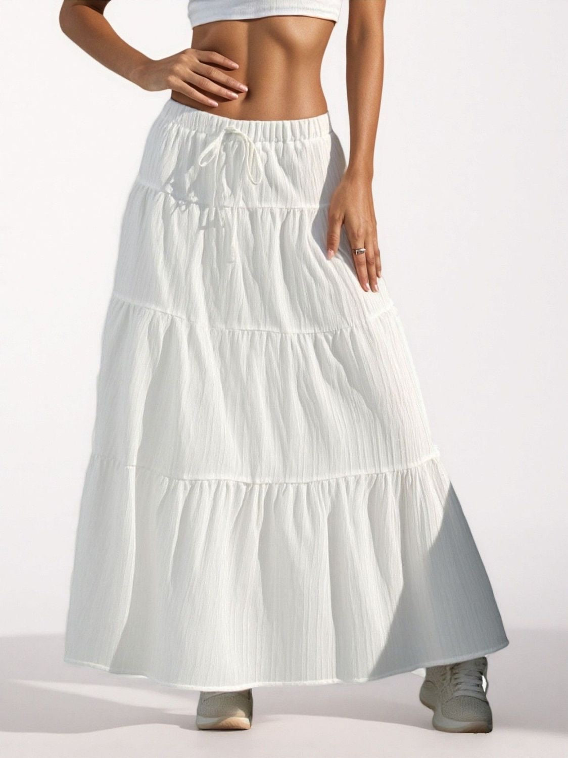 White Tiered Drawstring Maxi Skirt