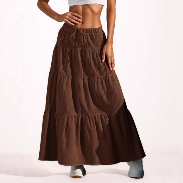 Coffee Tiered Drawstring Maxi Skirt