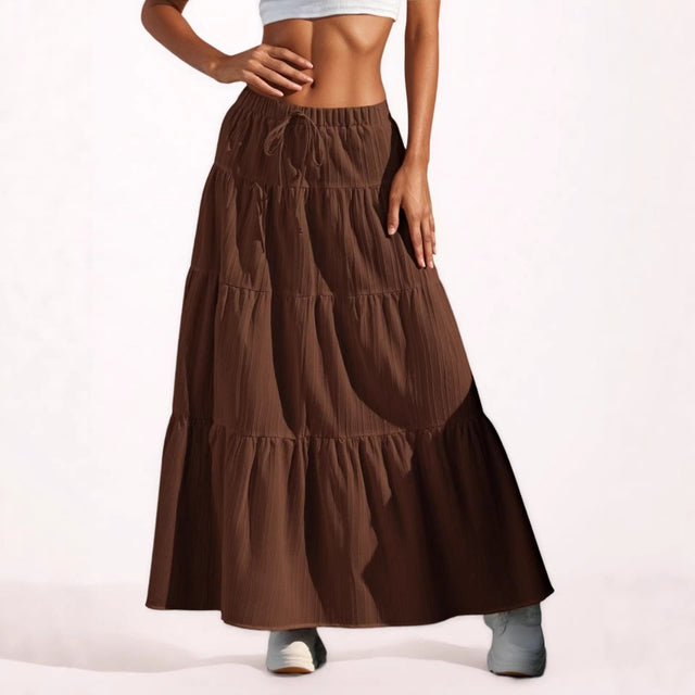 Coffee Tiered Drawstring Maxi Skirt