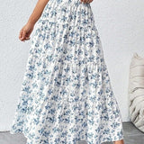White Blue Floral Tiered Maxi Skirt
