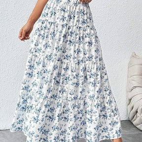 White Blue Floral Tiered Maxi Skirt