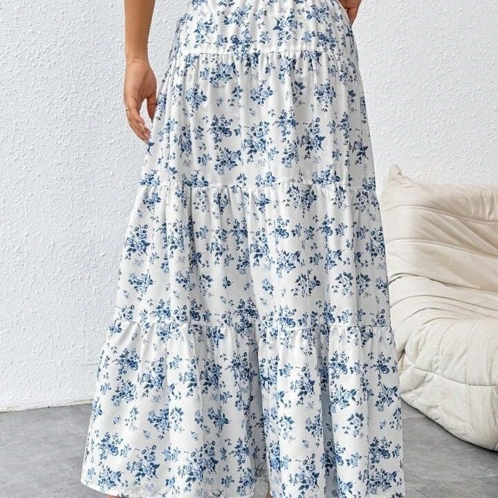 White Blue Floral Tiered Maxi Skirt