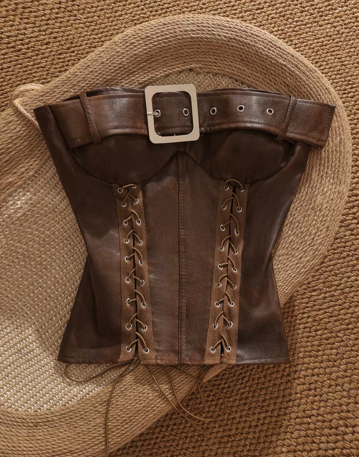 Brown Lace-Up Faux Leather Corset Top