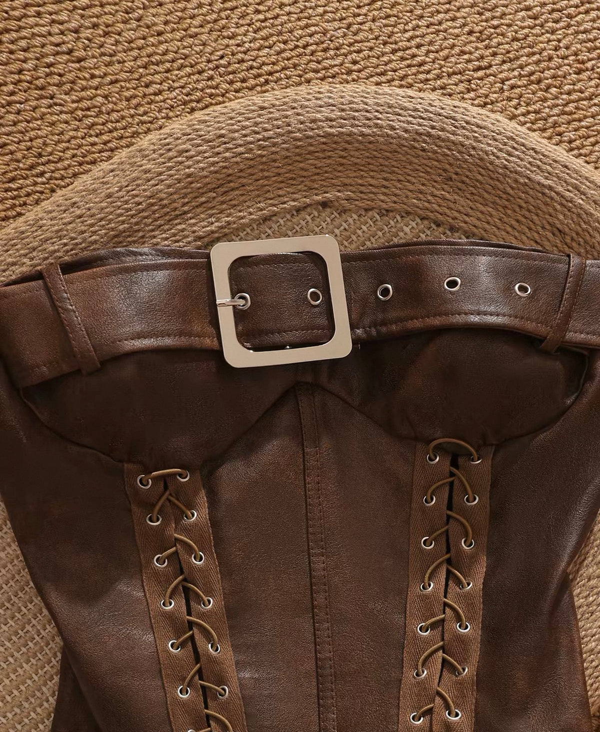 Brown Lace-Up Faux Leather Corset Top