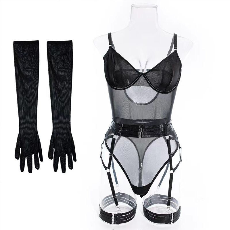 Black Strappy Lingerie Bodysuit with Gloves Set