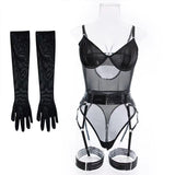 Black Strappy Lingerie Bodysuit with Gloves Set