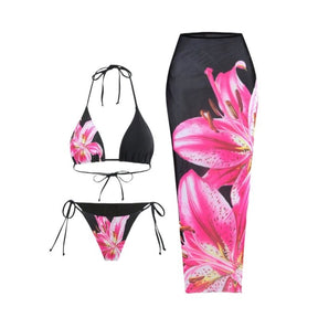 Black Pink Lily Sarong Skirt 3-Piece Bikini