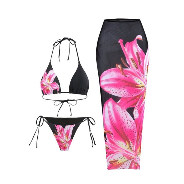 Black Pink Lily Sarong Skirt 3-Piece Bikini
