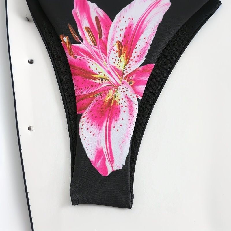 Black Pink Lily Sarong Skirt 3-Piece Bikini