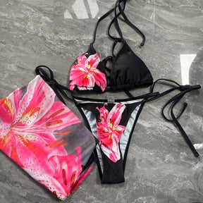 Black Lily Print Sheer Maxi Sarong 3-Piece Bikini