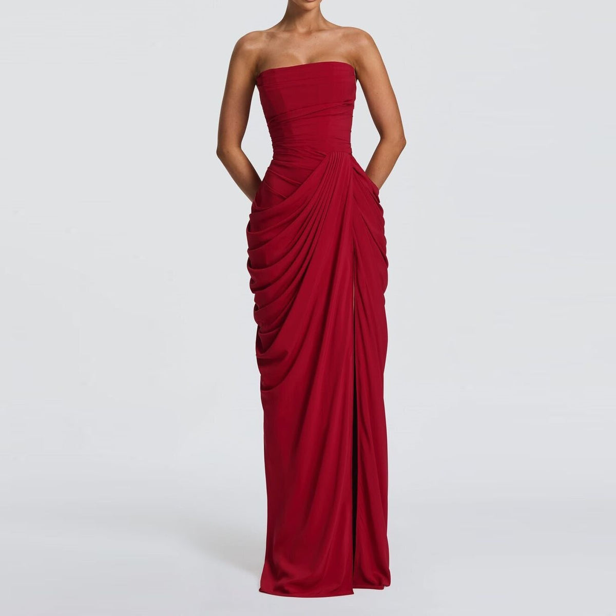 Wine Red Asymmetric Pleated Strapless Gown