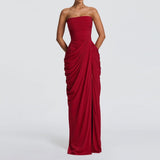 Wine Red Asymmetric Pleated Strapless Gown