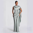 Sage Satin Draped Shoulder Gown