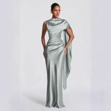 Sage Satin Draped Shoulder Gown