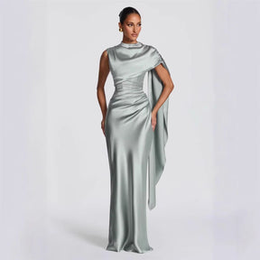 Sage Satin Draped Shoulder Gown