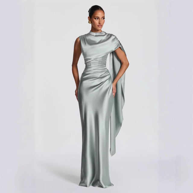 Sage Satin Draped Shoulder Gown