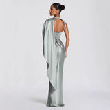 Sage Satin Draped Shoulder Gown