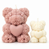 Teddy Candle – large dusty pink and small ivory rose-textured teddy bear candles holding hearts