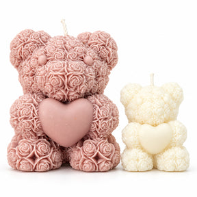 Teddy Candle – large dusty pink and small ivory rose-textured teddy bear candles holding hearts