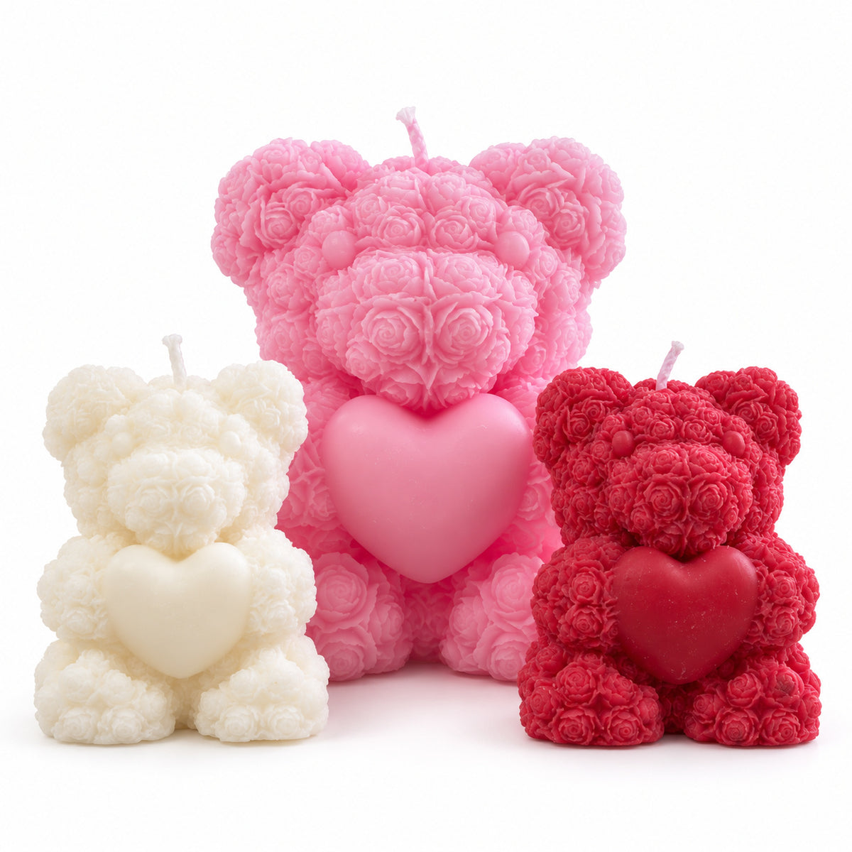 Teddy Candle – ivory, pink and red rose-textured teddy bear candles holding hearts