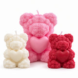 Teddy Candle – ivory, pink and red rose-textured teddy bear candles holding hearts