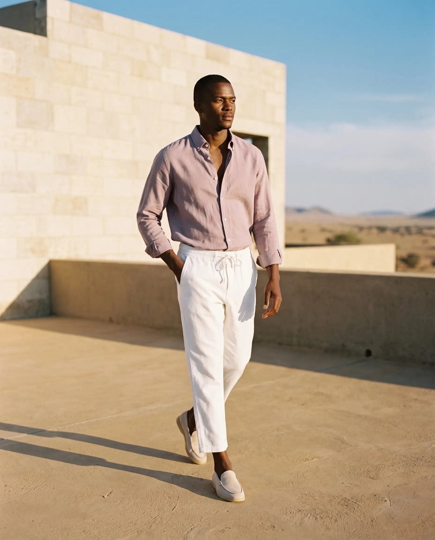 Belugga full look: lilac linen shirt, white linen trouser, cream suede loafers